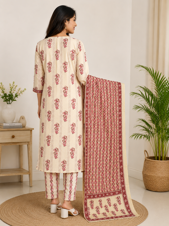 Cream & Pink Floral Printed Straight Kurta Set with Dupatta
