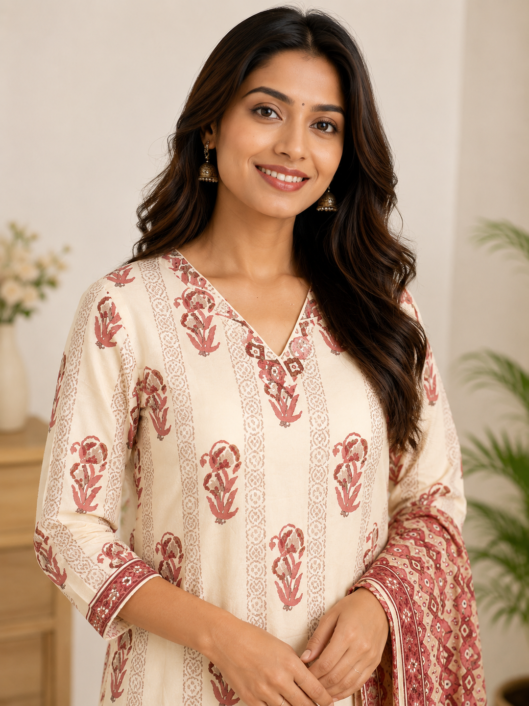 Cream & Pink Floral Printed Straight Kurta Set with Dupatta