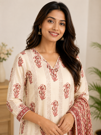 Cream & Pink Floral Printed Straight Kurta Set with Dupatta