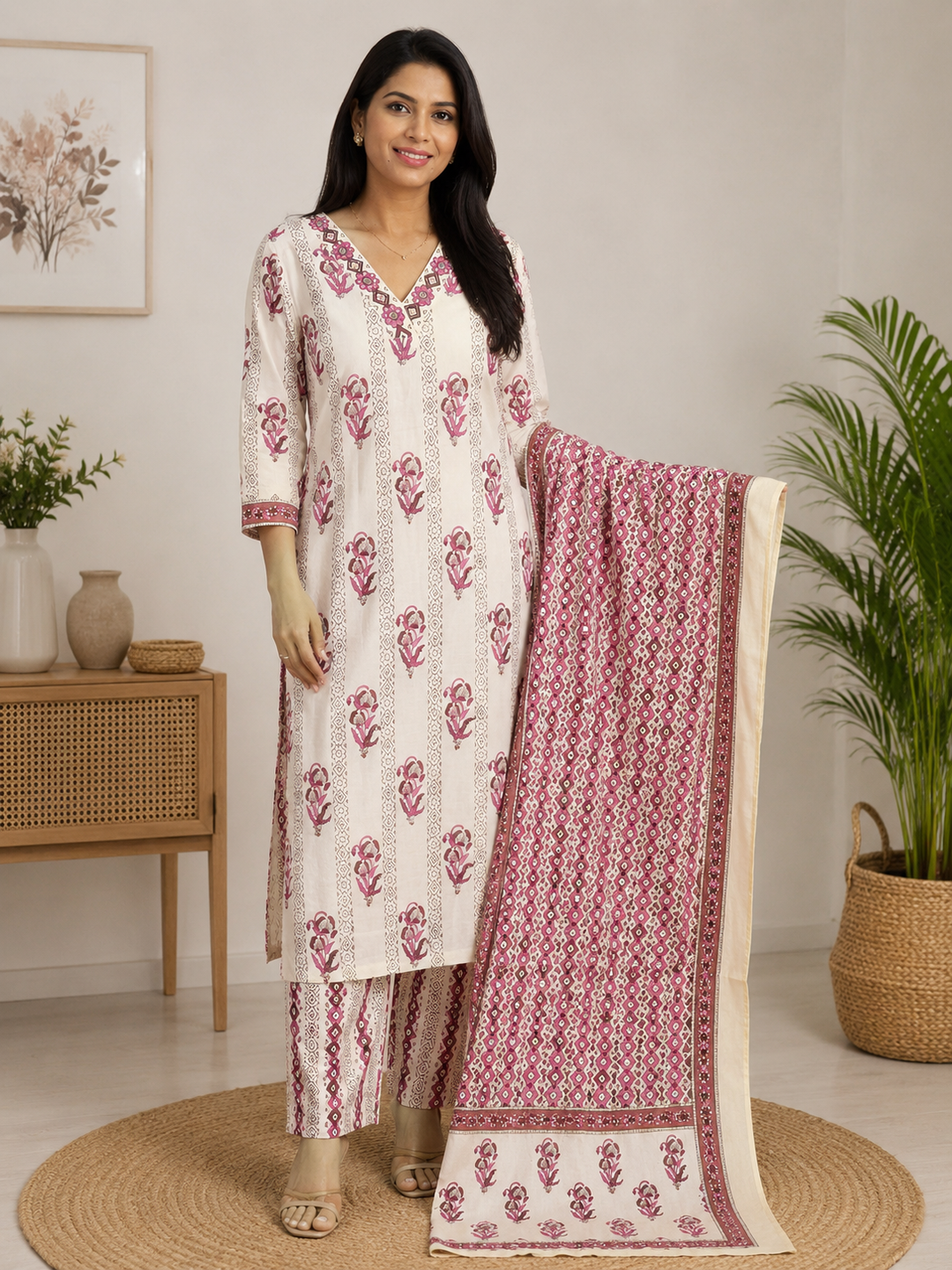 Cream & Rose Pink Floral Printed Straight Kurta Set with Dupatta