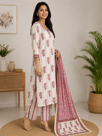 Cream & Rose Pink Floral Printed Straight Kurta Set with Dupatta