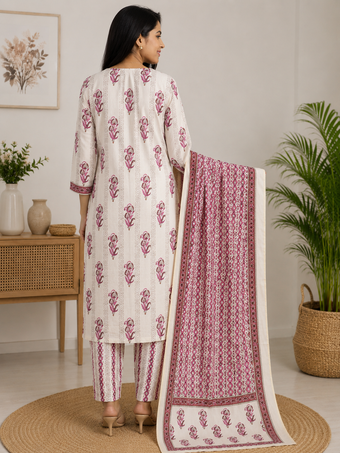 Cream & Rose Pink Floral Printed Straight Kurta Set with Dupatta