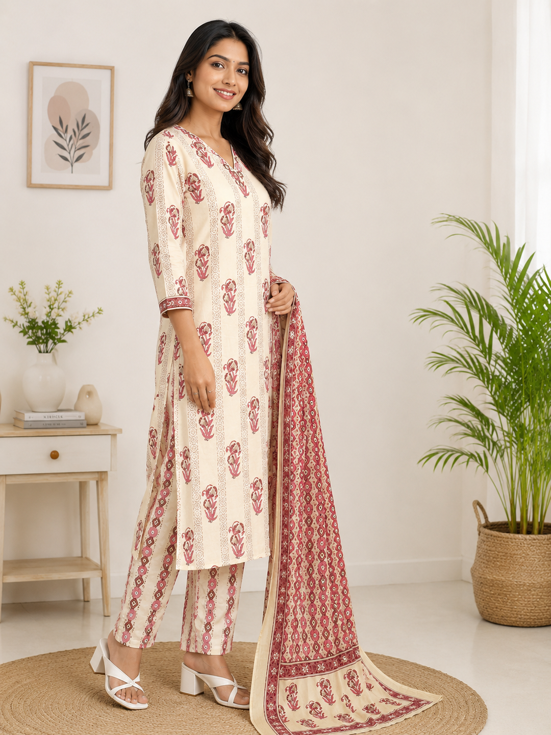 Cream & Pink Floral Printed Straight Kurta Set with Dupatta