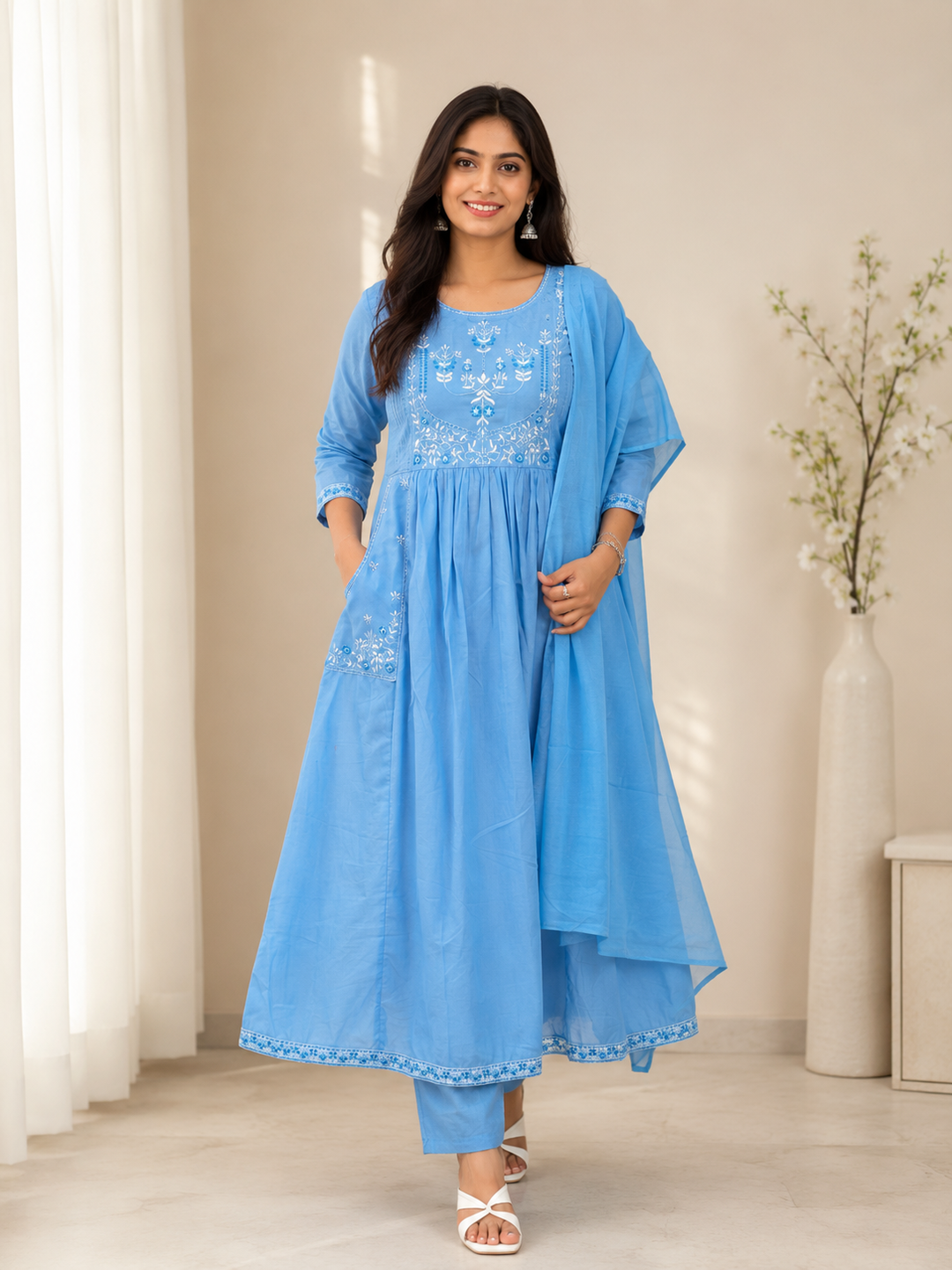 Sky Blue Embroidered Anarkali Kurta Set with Dupatta