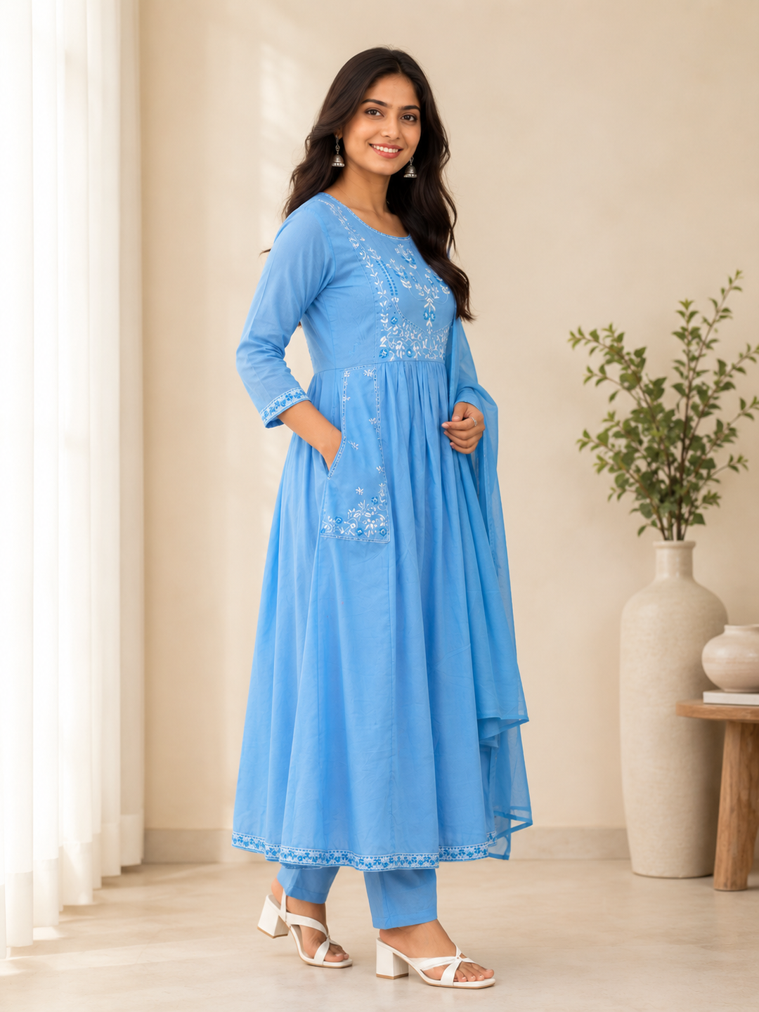 Sky Blue Embroidered Anarkali Kurta Set with Dupatta