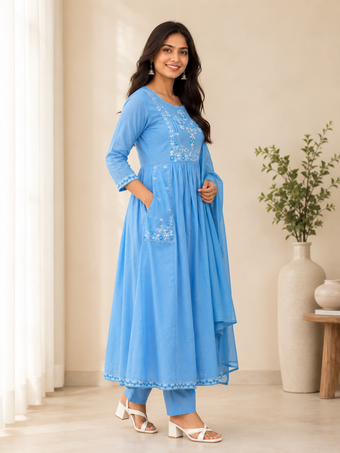 Sky Blue Embroidered Anarkali Kurta Set with Dupatta