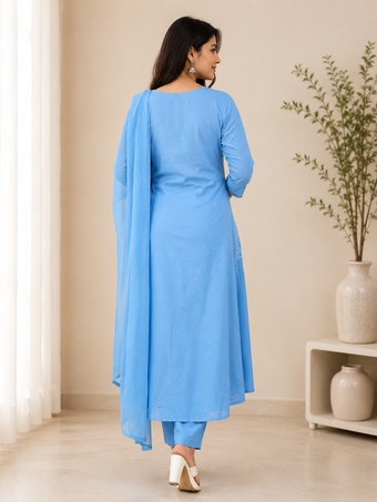 Sky Blue Embroidered Anarkali Kurta Set with Dupatta