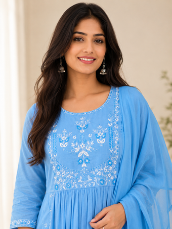 Sky Blue Embroidered Anarkali Kurta Set with Dupatta