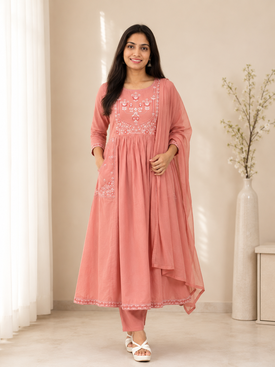Peach Pink Embroidered Anarkali Kurta Set with Dupatta