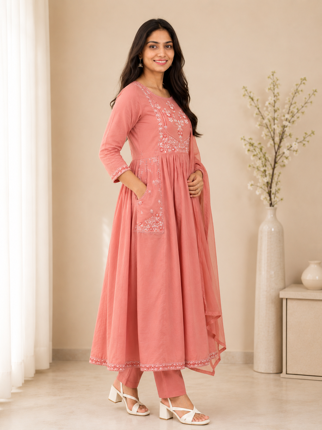 Peach Pink Embroidered Anarkali Kurta Set with Dupatta