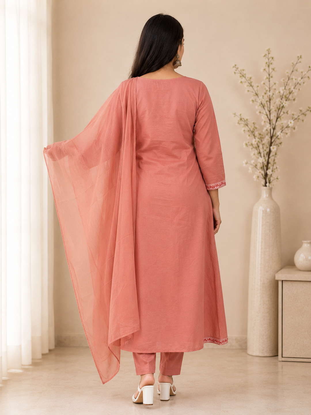 Peach Pink Embroidered Anarkali Kurta Set with Dupatta
