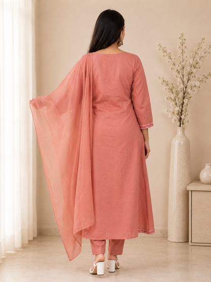 Peach Pink Embroidered Anarkali Kurta Set with Dupatta