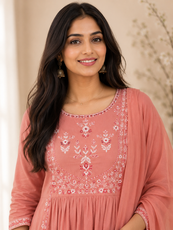 Peach Pink Embroidered Anarkali Kurta Set with Dupatta