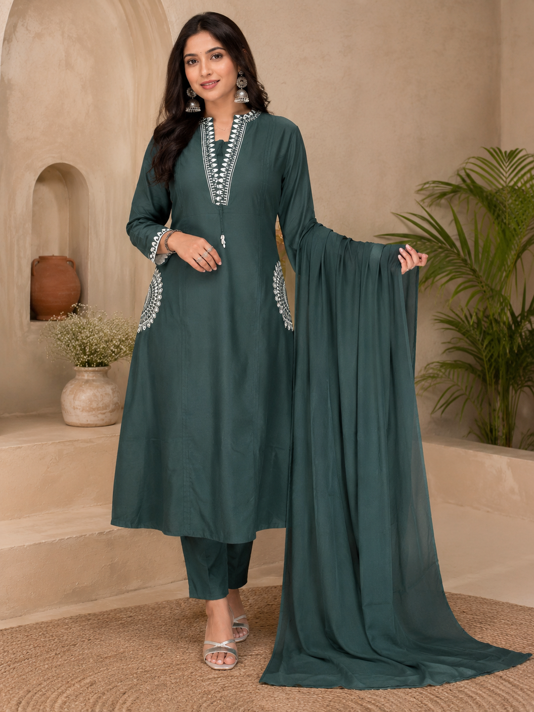 Green Embroidered Straight Kurta Set with Dupatta