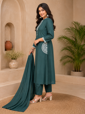Green Embroidered Straight Kurta Set with Dupatta
