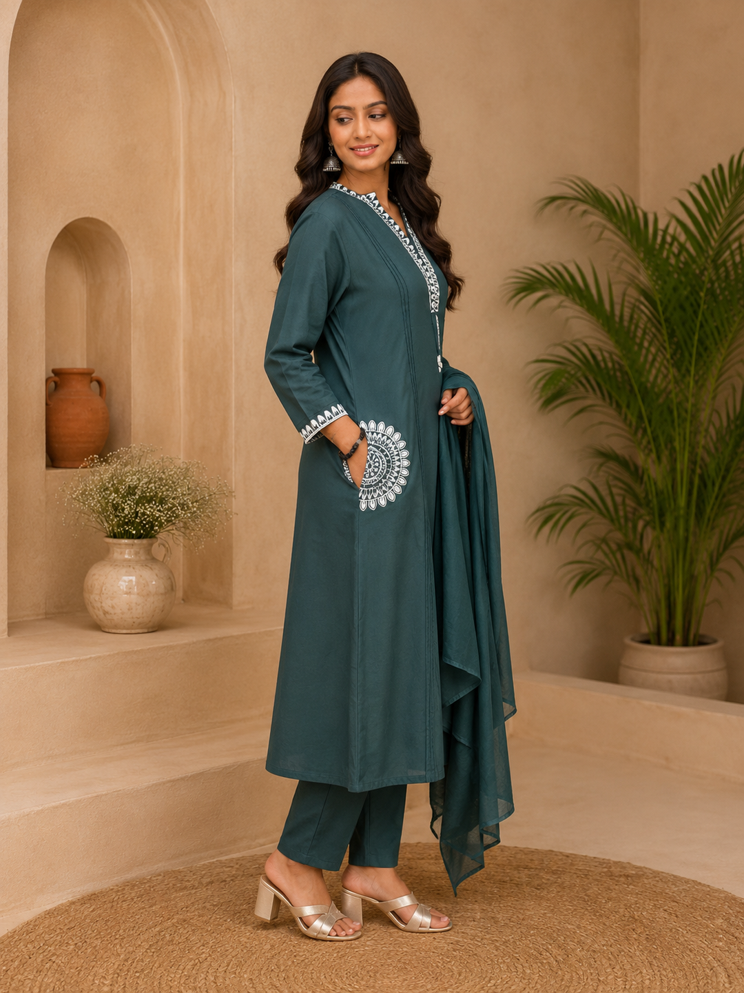 Green Embroidered Straight Kurta Set with Dupatta