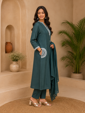 Green Embroidered Straight Kurta Set with Dupatta