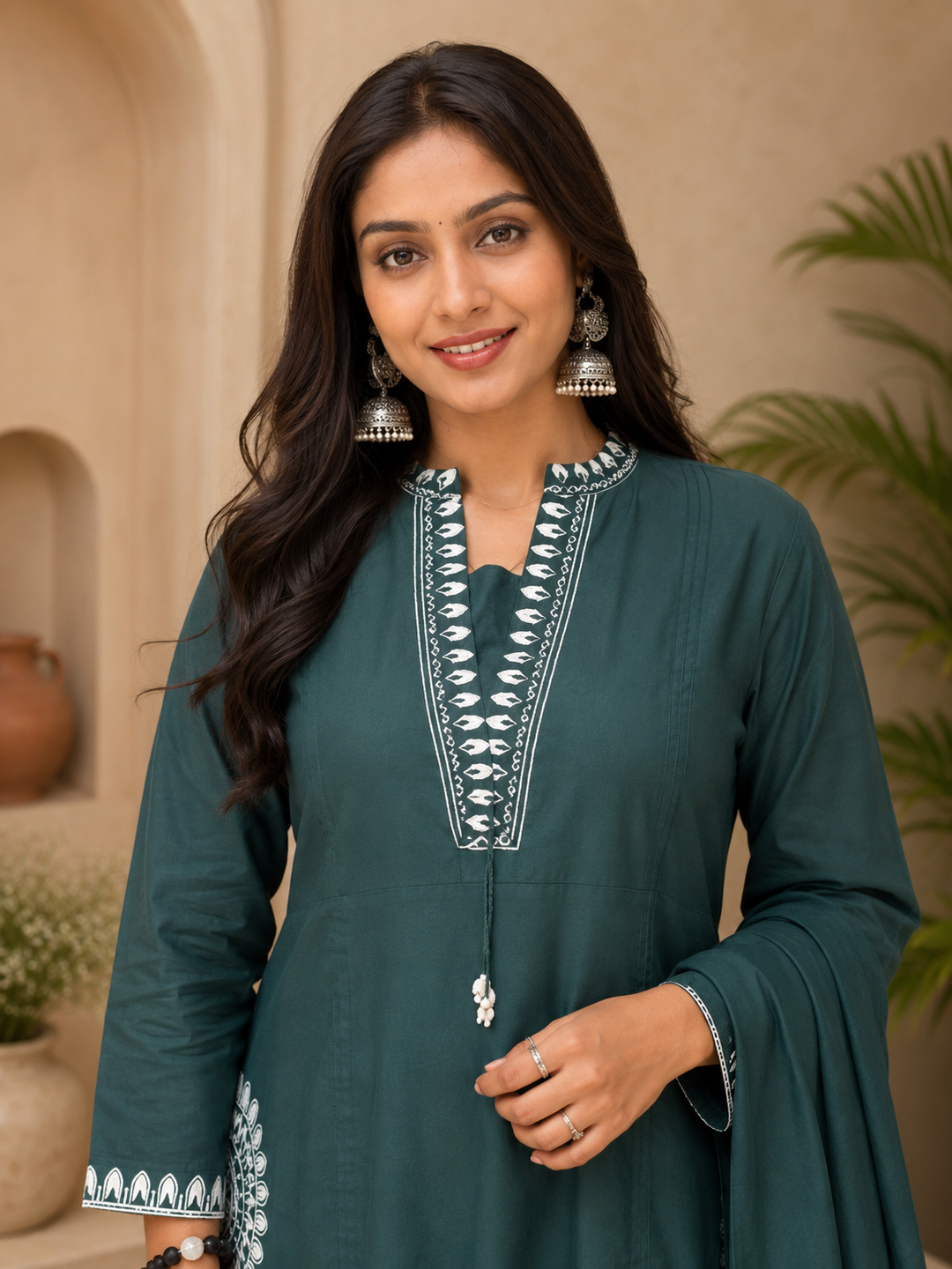 Green Embroidered Straight Kurta Set with Dupatta