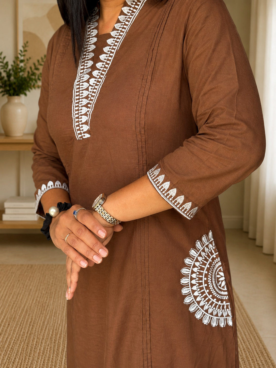 Coffee Brown Embroidered Straight Kurta Set with Dupatta
