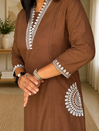 Coffee Brown Embroidered Straight Kurta Set with Dupatta