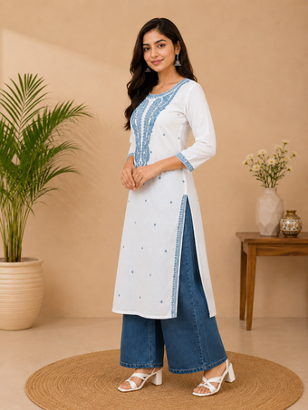 White Embroidered Cotton Kurta for Women | Elegant Blue Thread Work Straight Kurti