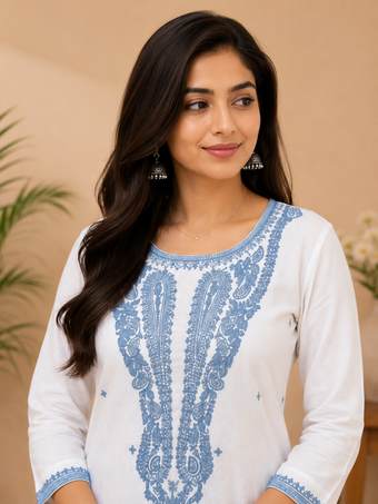 White Embroidered Cotton Kurta for Women | Elegant Blue Thread Work Straight Kurti