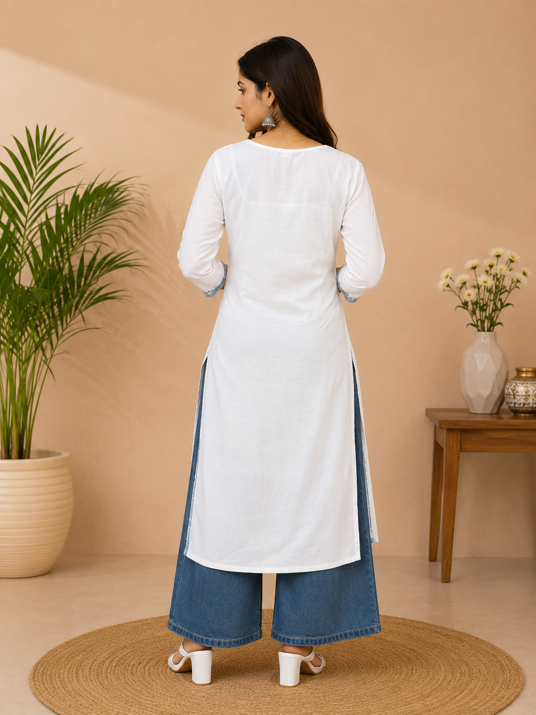 White Embroidered Cotton Kurta for Women | Elegant Beige Thread Work Straight Kurti