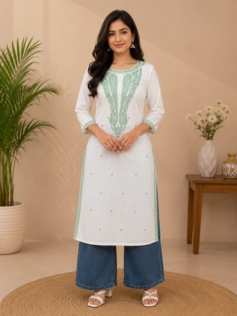 White Cotton Embroidered Kurta for Women | Mint Green Thread Work Straight Kurti