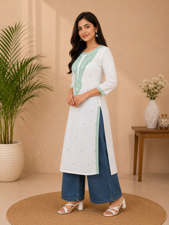 White Cotton Embroidered Kurta for Women | Mint Green Thread Work Straight Kurti