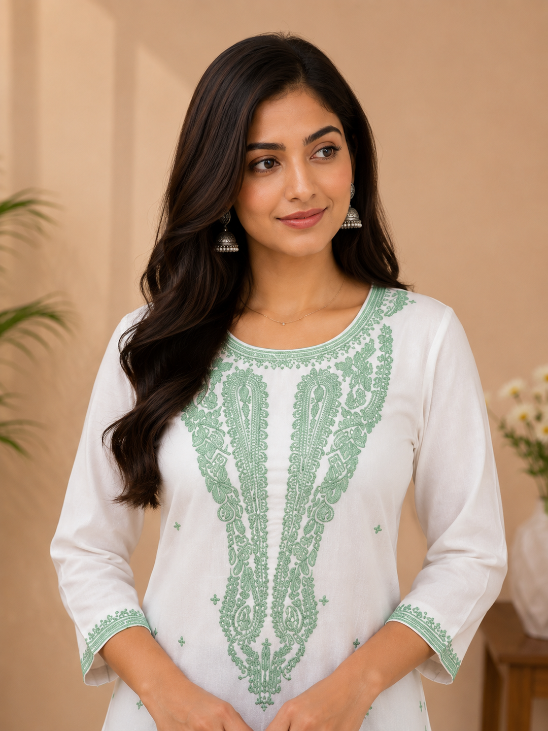 White Cotton Embroidered Kurta for Women | Mint Green Thread Work Straight Kurti