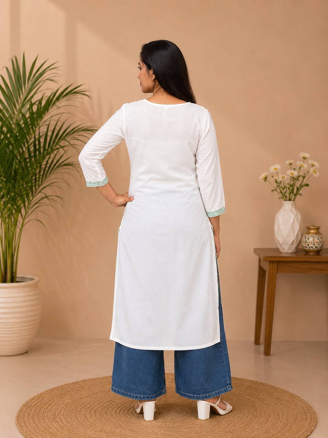 White Cotton Embroidered Kurta for Women | Mint Green Thread Work Straight Kurti