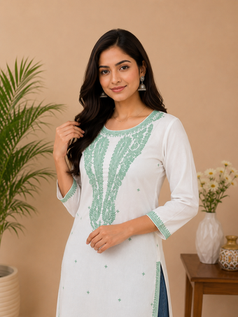 White Cotton Embroidered Kurta for Women | Mint Green Thread Work Straight Kurti