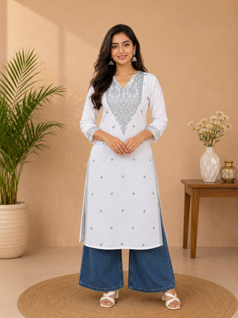 White Cotton Kurti with Grey Embroidery Work