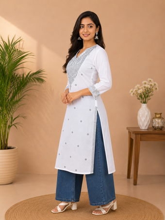 White Cotton Kurti with Grey Embroidery Work