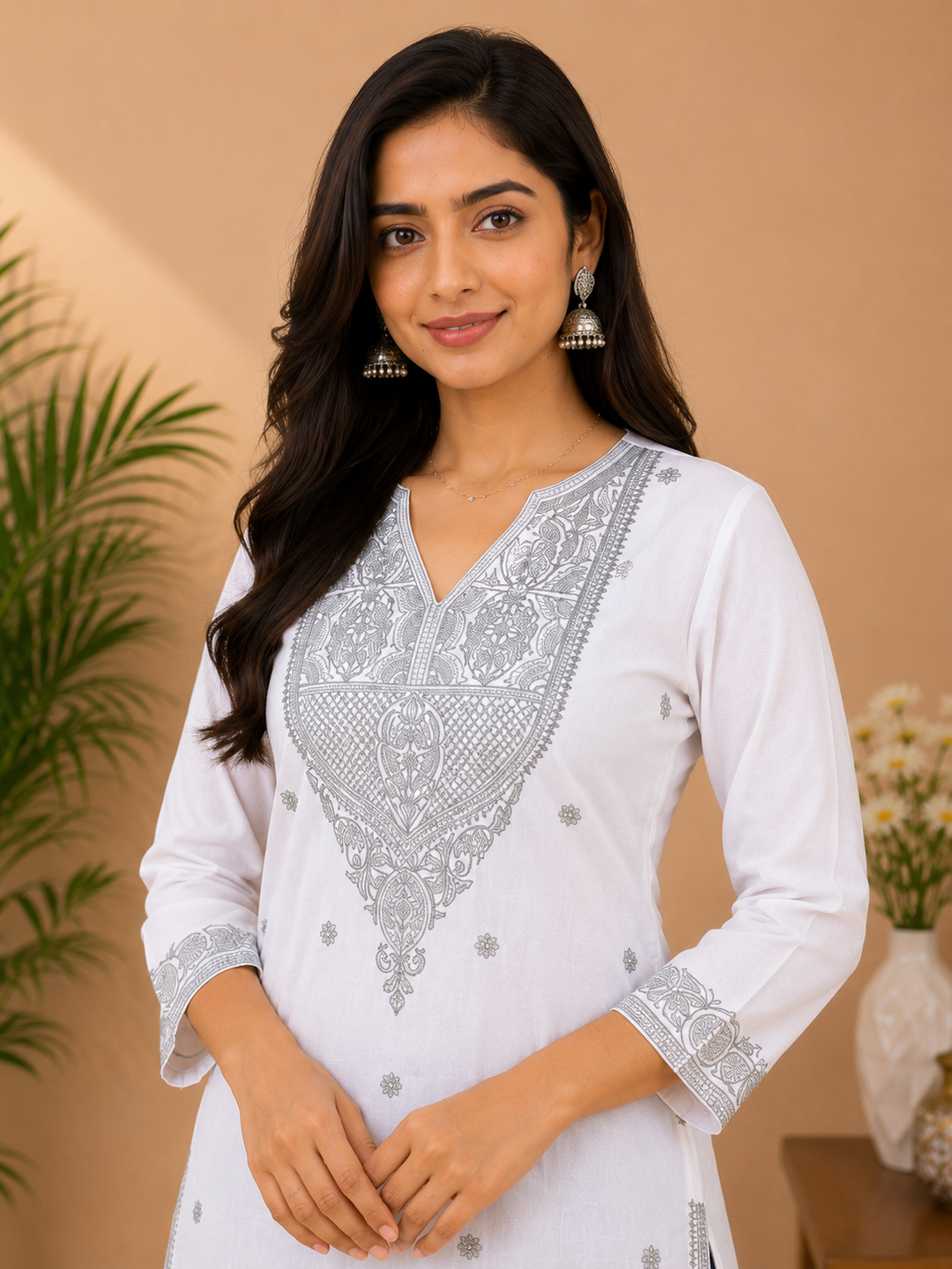 White Cotton Kurti with Grey Embroidery Work