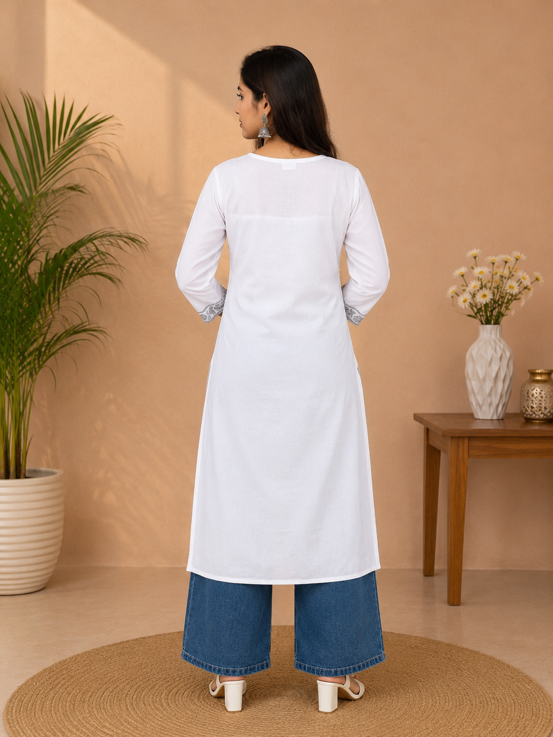 White Embroidered Cotton Kurta for Women | Elegant Blue Thread Work Straight Kurti