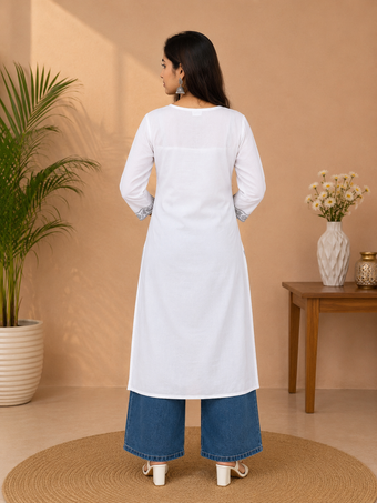 White Embroidered Cotton Kurta for Women | Elegant Blue Thread Work Straight Kurti