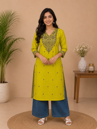 Lime Green Cotton Kurti with Grey Embroidery Work