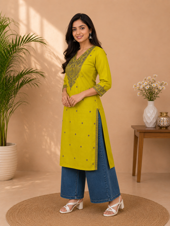 Lime Green Cotton Kurti with Grey Embroidery Work