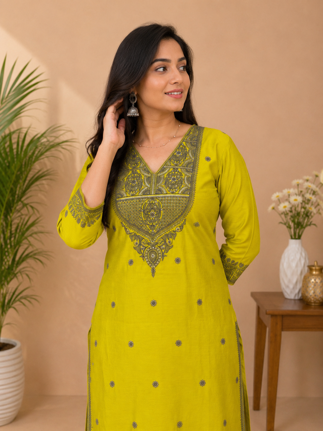 Lime Green Cotton Kurti with Grey Embroidery Work