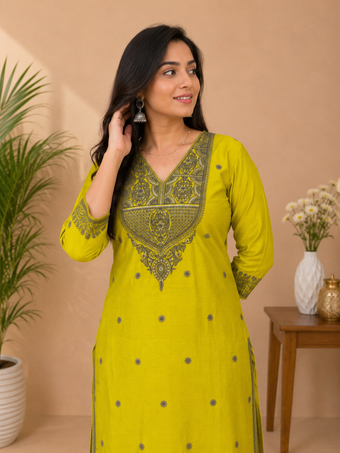 Lime Green Cotton Kurti with Grey Embroidery Work
