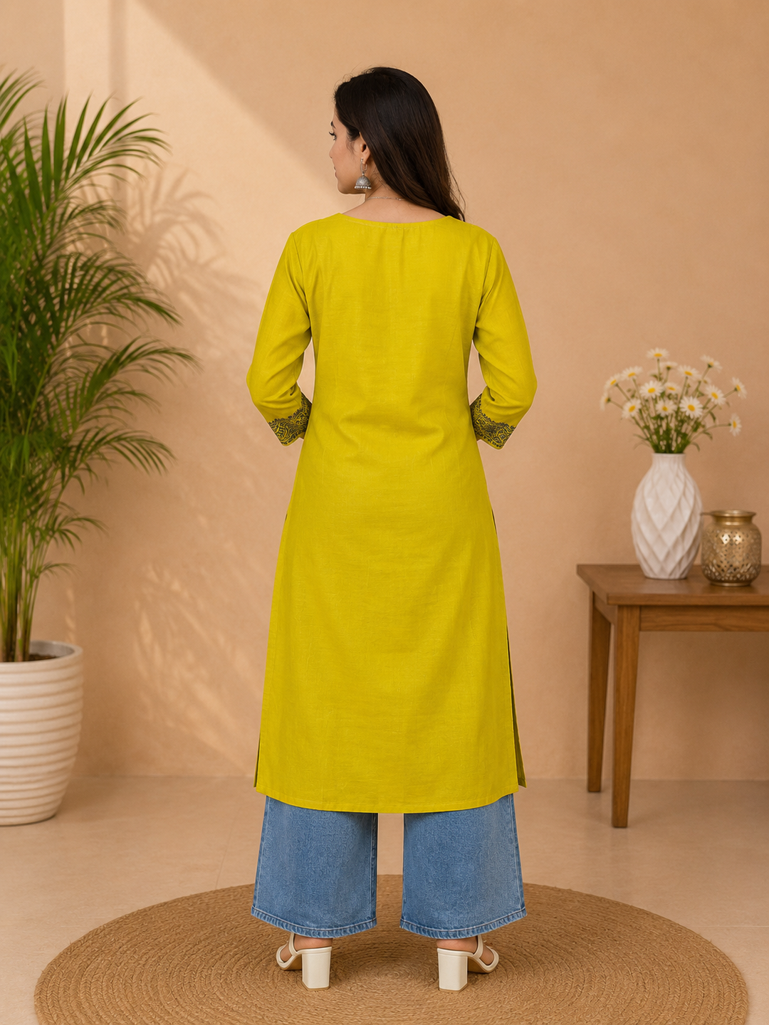 Lime Green Cotton Kurti with Grey Embroidery Work
