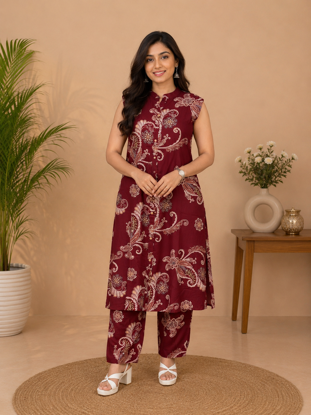 Maroon Paisley Printed Sleeveless Co-Ord Set