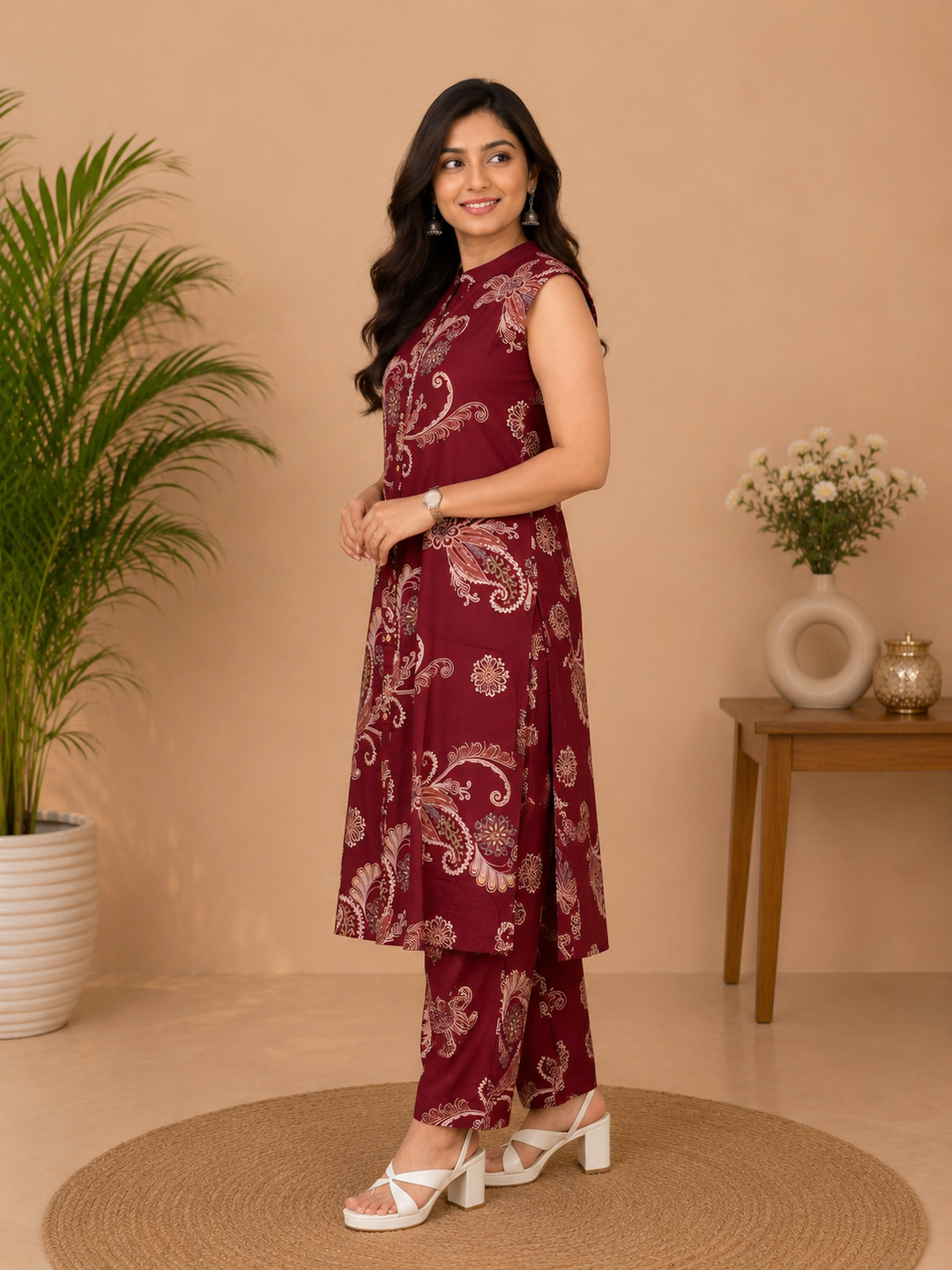 Maroon Paisley Printed Sleeveless Co-Ord Set