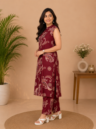 Maroon Paisley Printed Sleeveless Co-Ord Set