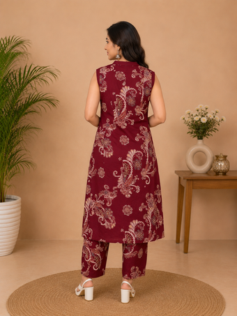 Maroon Paisley Printed Sleeveless Co-Ord Set