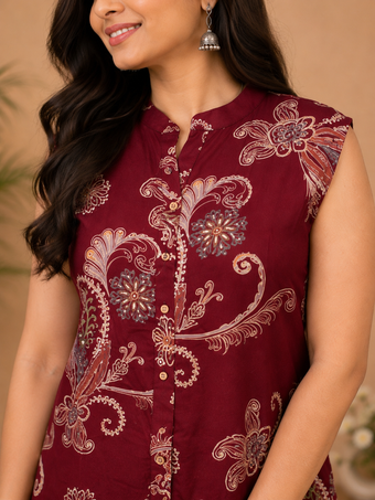 Maroon Paisley Printed Sleeveless Co-Ord Set