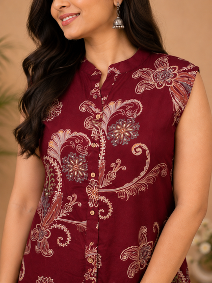 Maroon Paisley Printed Sleeveless Co-Ord Set