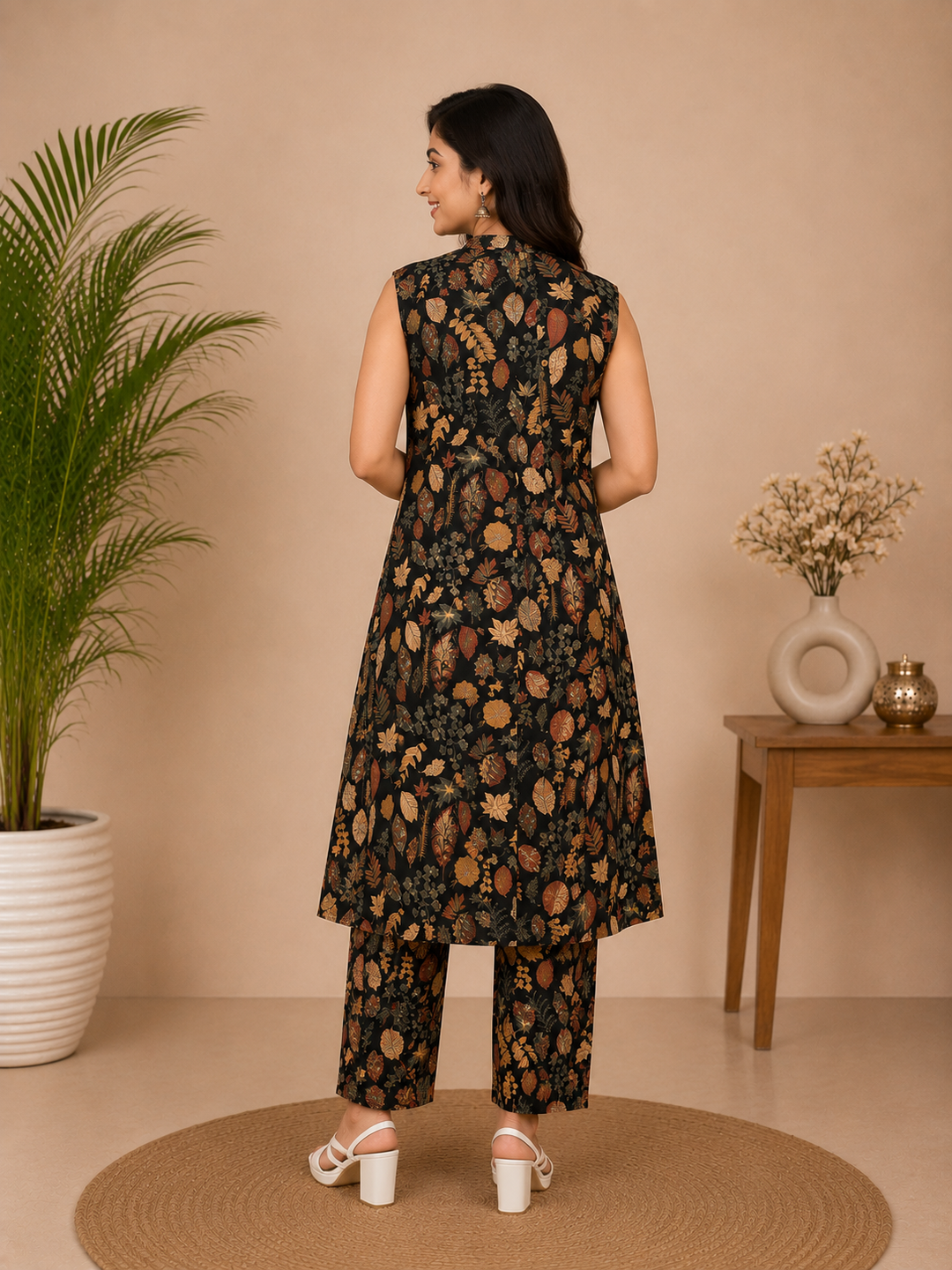 Black Printed Cotton Blend Sleeveless Co-Ord Set
