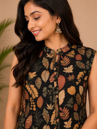 Black Printed Cotton Blend Sleeveless Co-Ord Set